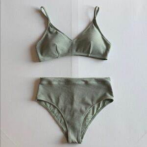 H&M Sage Green Textured Bikini Set Mixed Size Top 12 Bottom 14